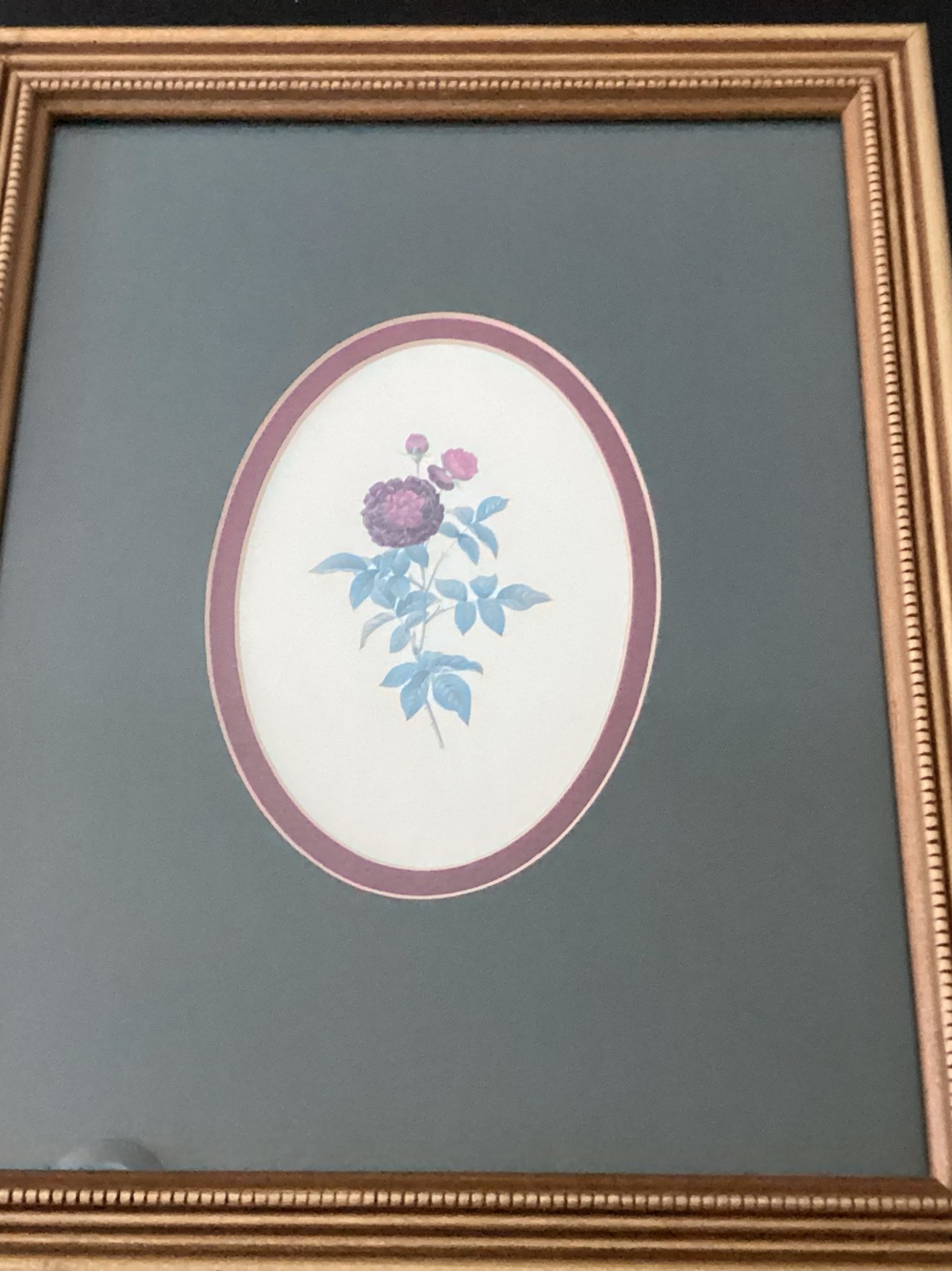 Vtg. Framed and matted print, classic floral illustration on an oval mat.